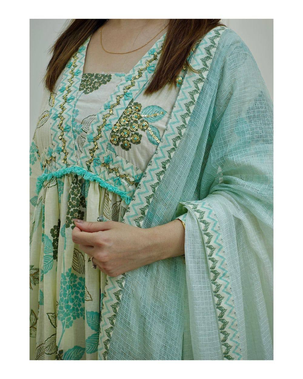 Cotton Anarkali kurti Pant Set With Dupatta