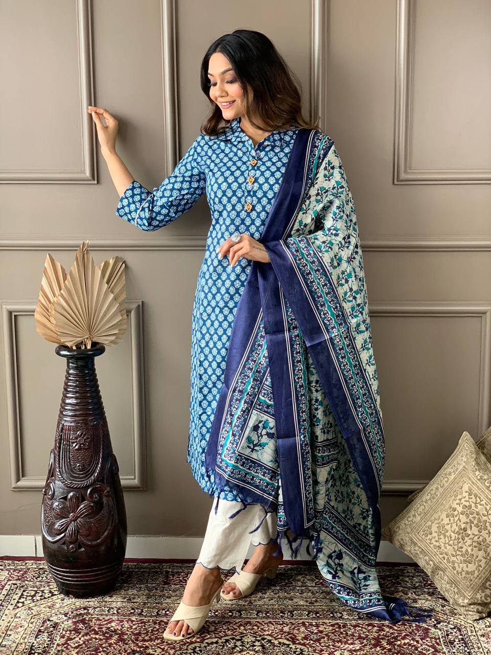 Cotton Embroidery Work Kurta With Dupatta Set