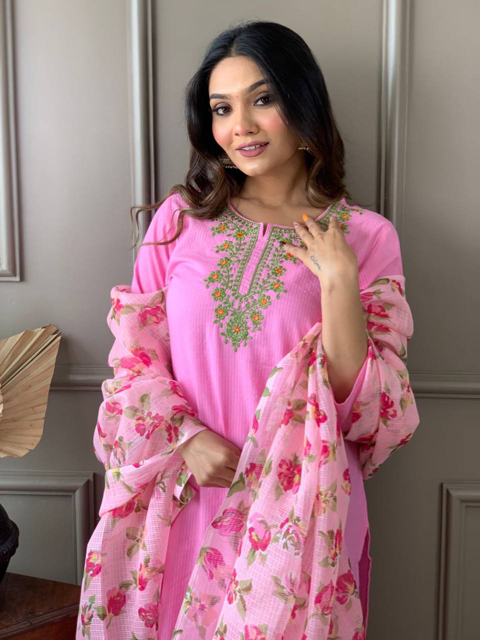 Cotton light pink Kurti With Dupatta Set