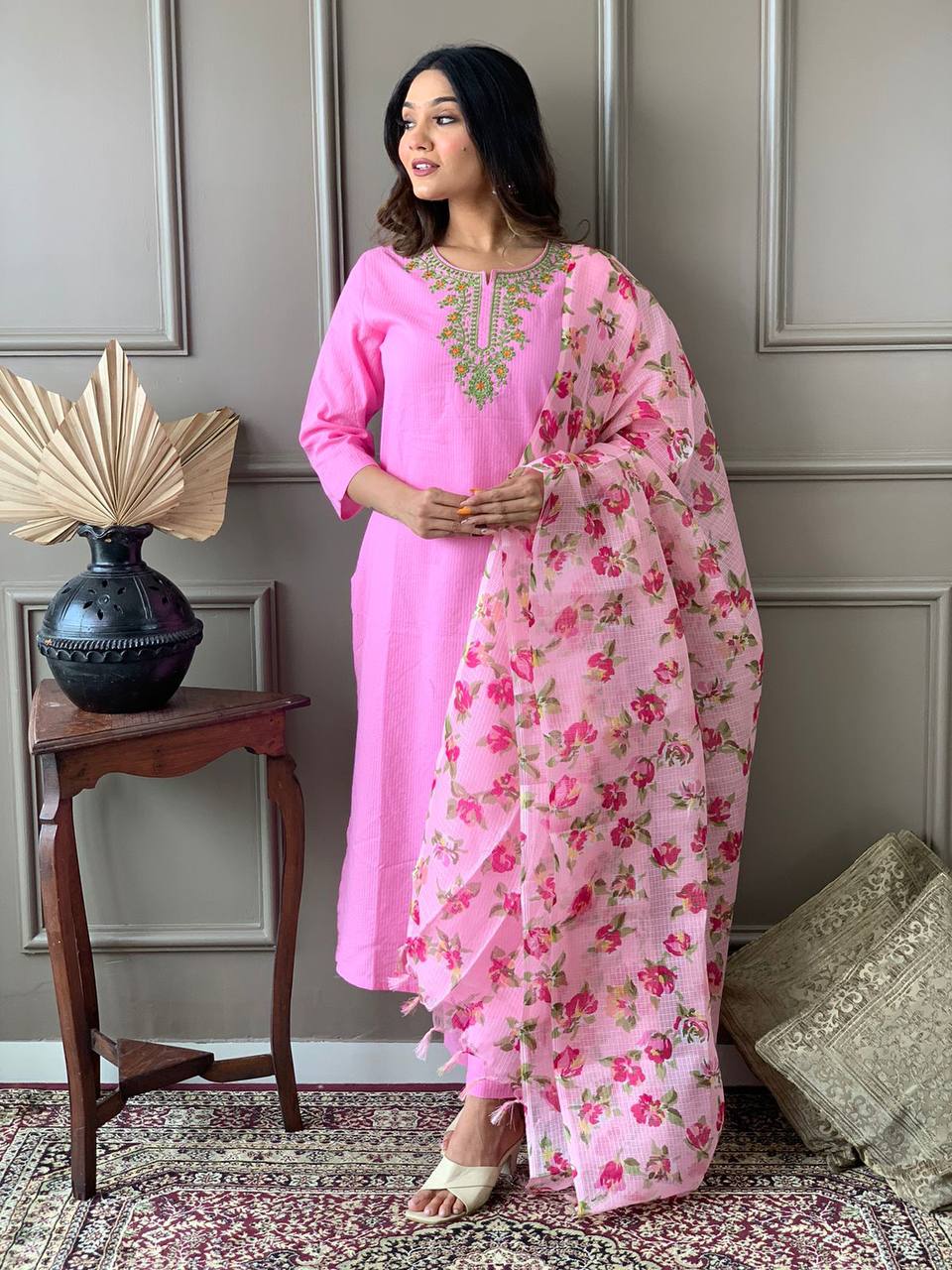 Baby Pink Embroidered Kurta Set With Digital Printed Dupatta