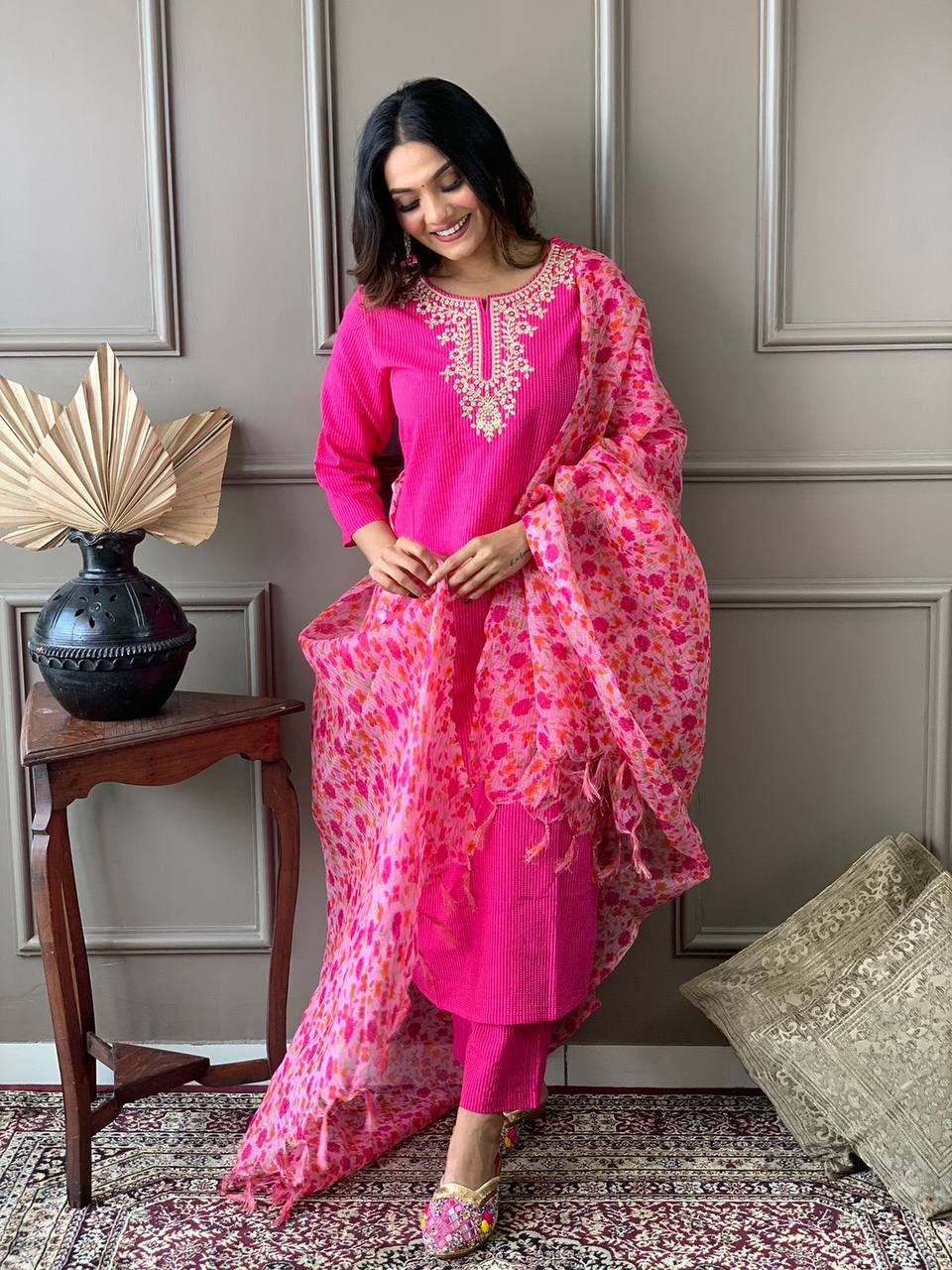 Pink Embroidered Kurta Set With Digital Printed Dupatta