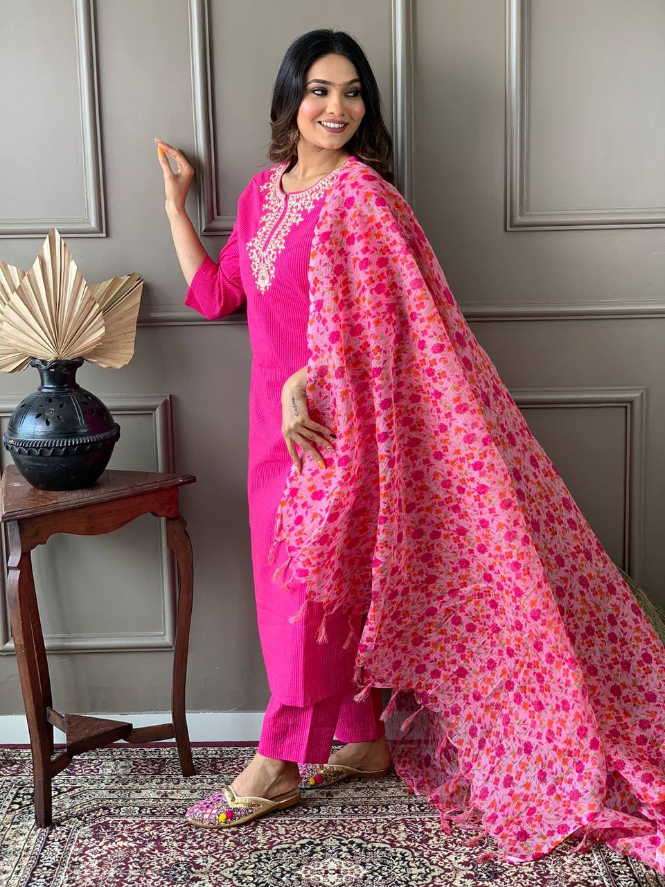 Pink Embroidered Kurta Set With Digital Printed Dupatta