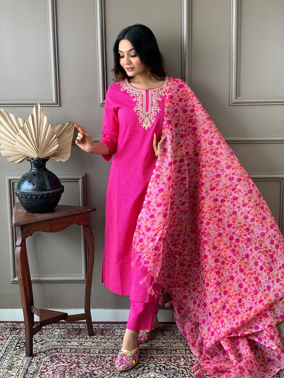 Pink Embroidered Kurta Set With Digital Printed Dupatta