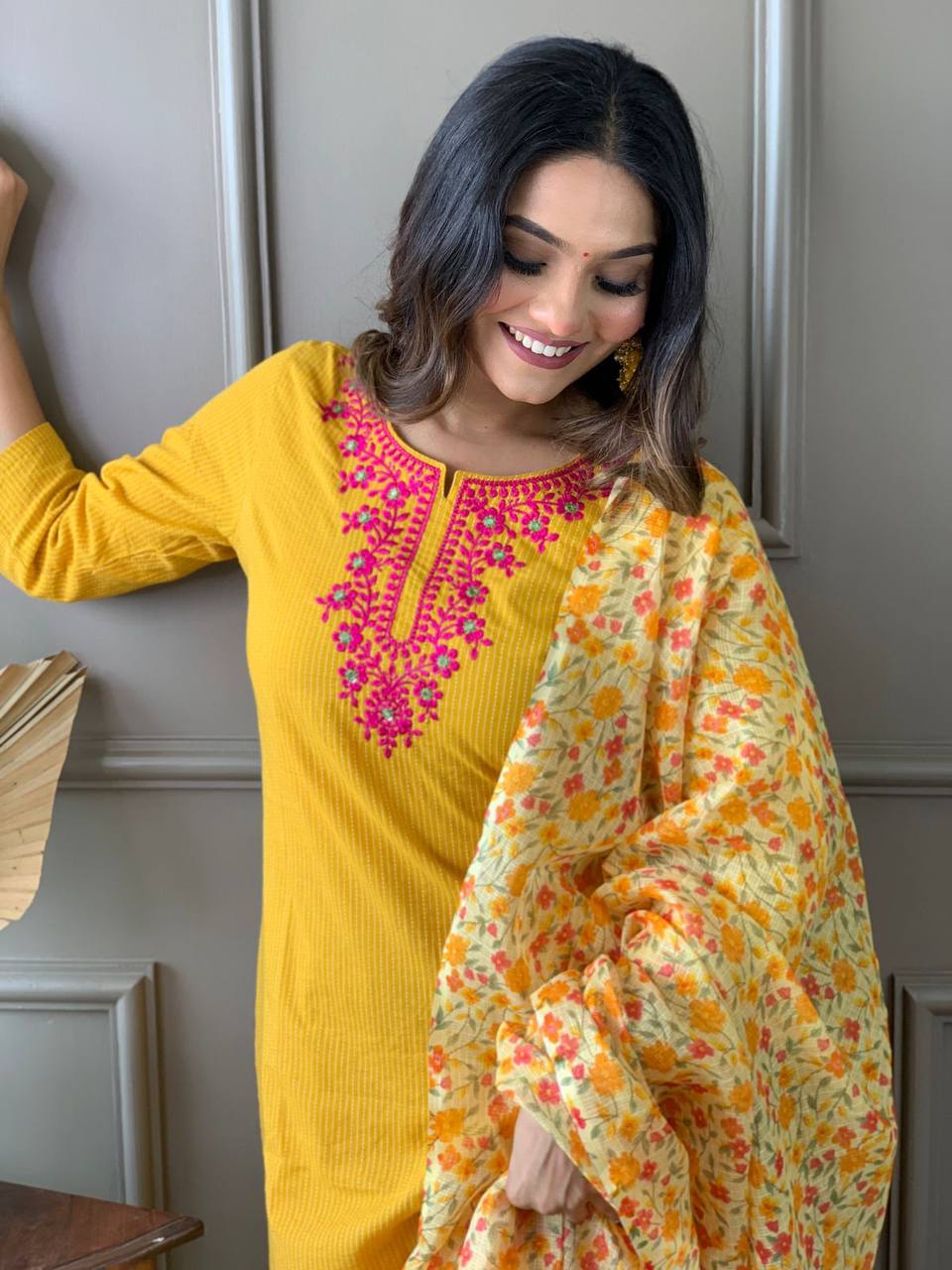 Yellow Embroidered Kurta Set With Digital Printed Dupatta