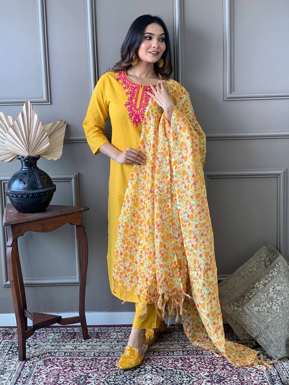 Yellow Embroidered Kurta Set With Digital Printed Dupatta