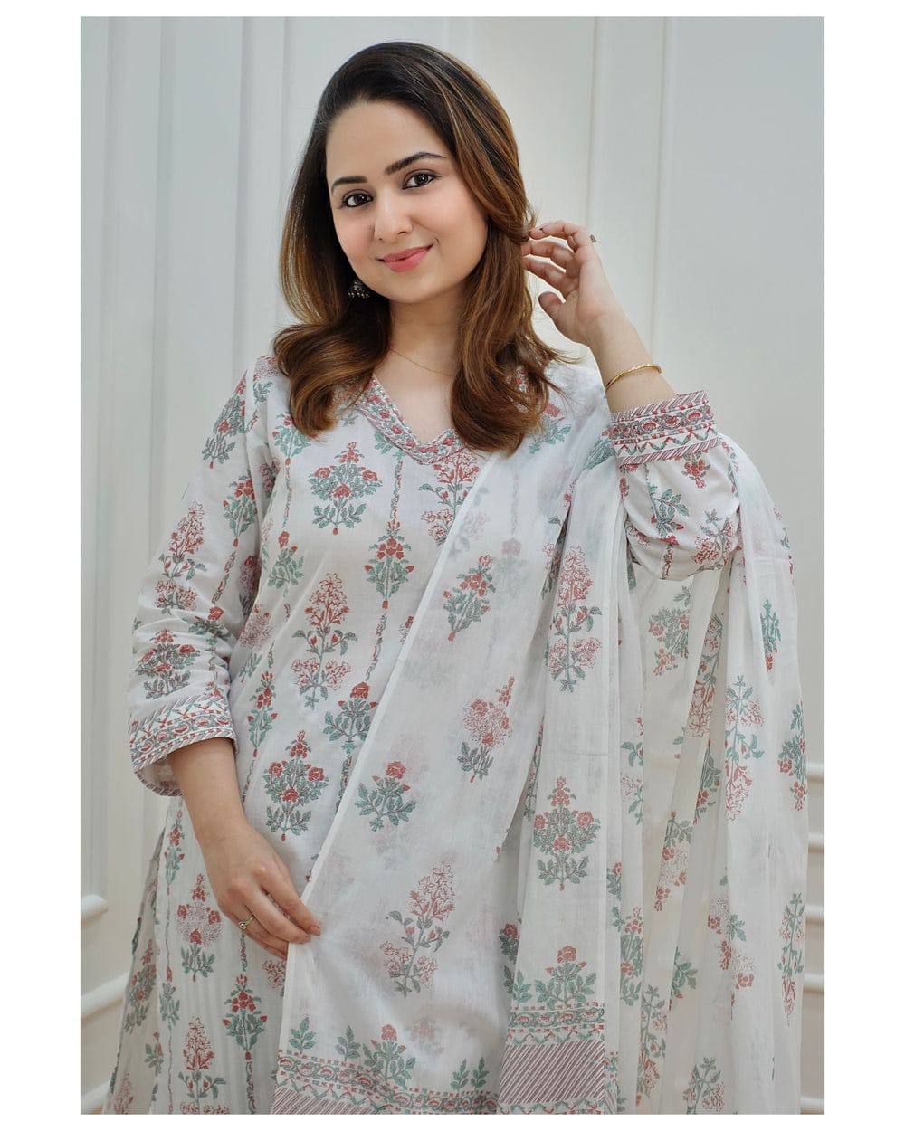 Pure Cotton Embroidered Kurta With Printed Dupatta Set