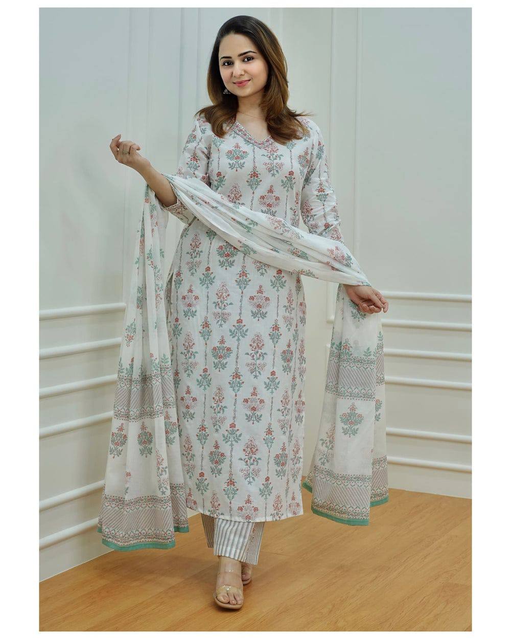 Pure Cotton Embroidered Kurta With Printed Dupatta Set