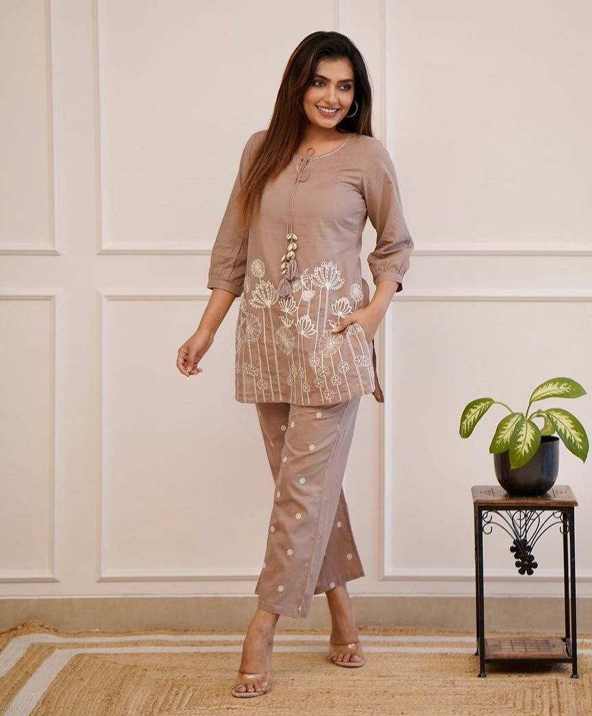Beige Cotton Embroidered Short Kurta Top With Pant
