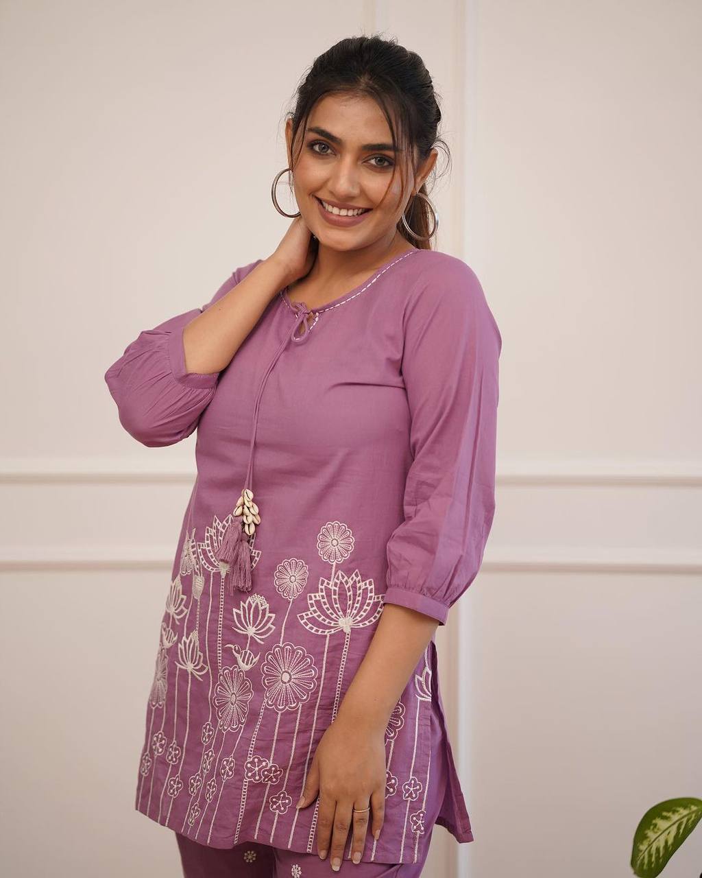 Pink Cotton Embroidered Short Kurta Top With Pant