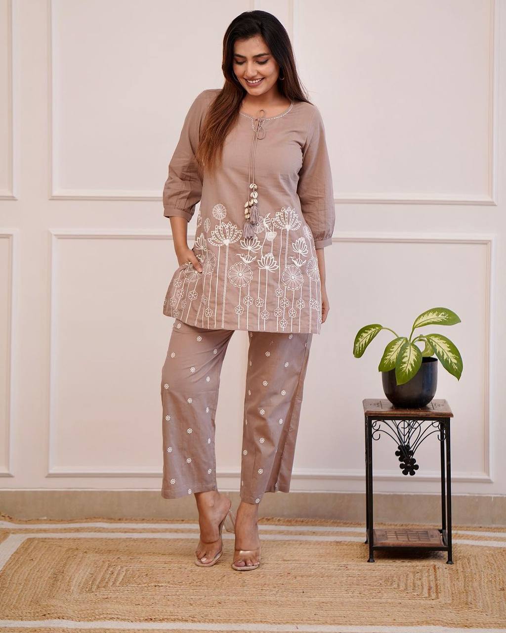 Beige Cotton Embroidered Short Kurta Top With Pant