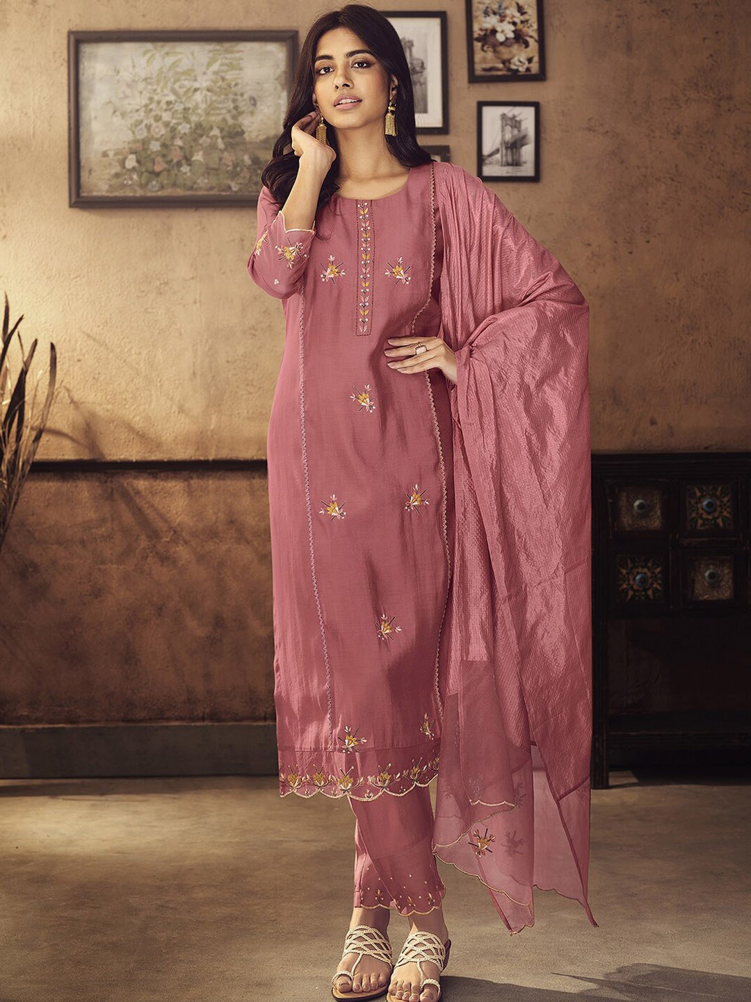 Viscose Rayon Peach Embroidered Kurta With Dupatta Set