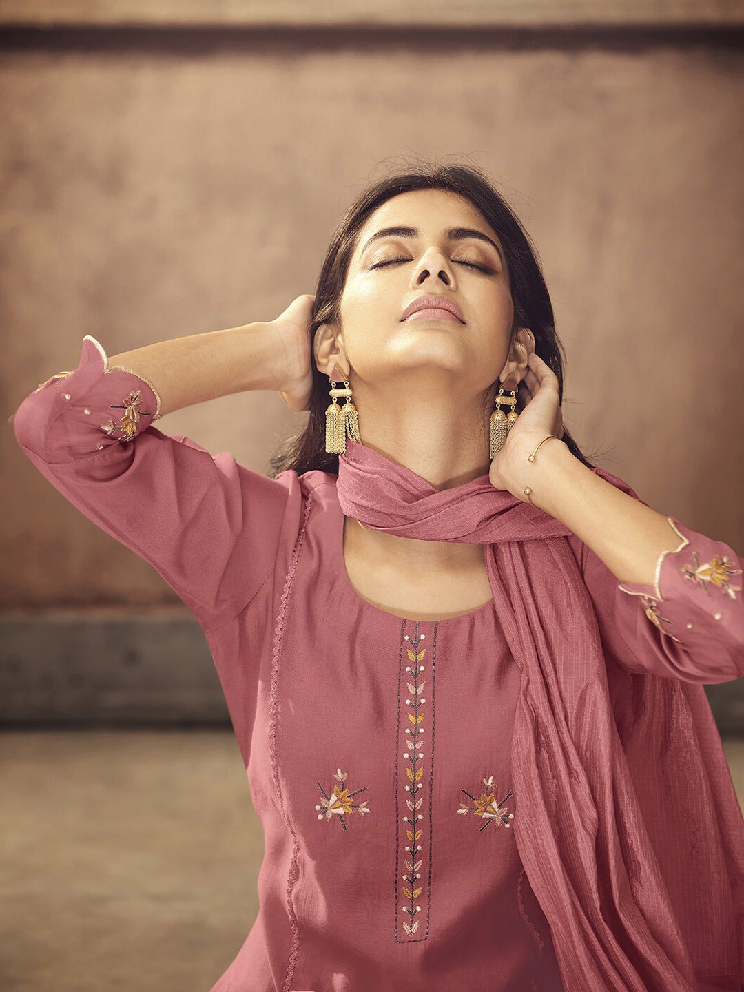 Viscose Rayon Peach Embroidered Kurta With Dupatta Set