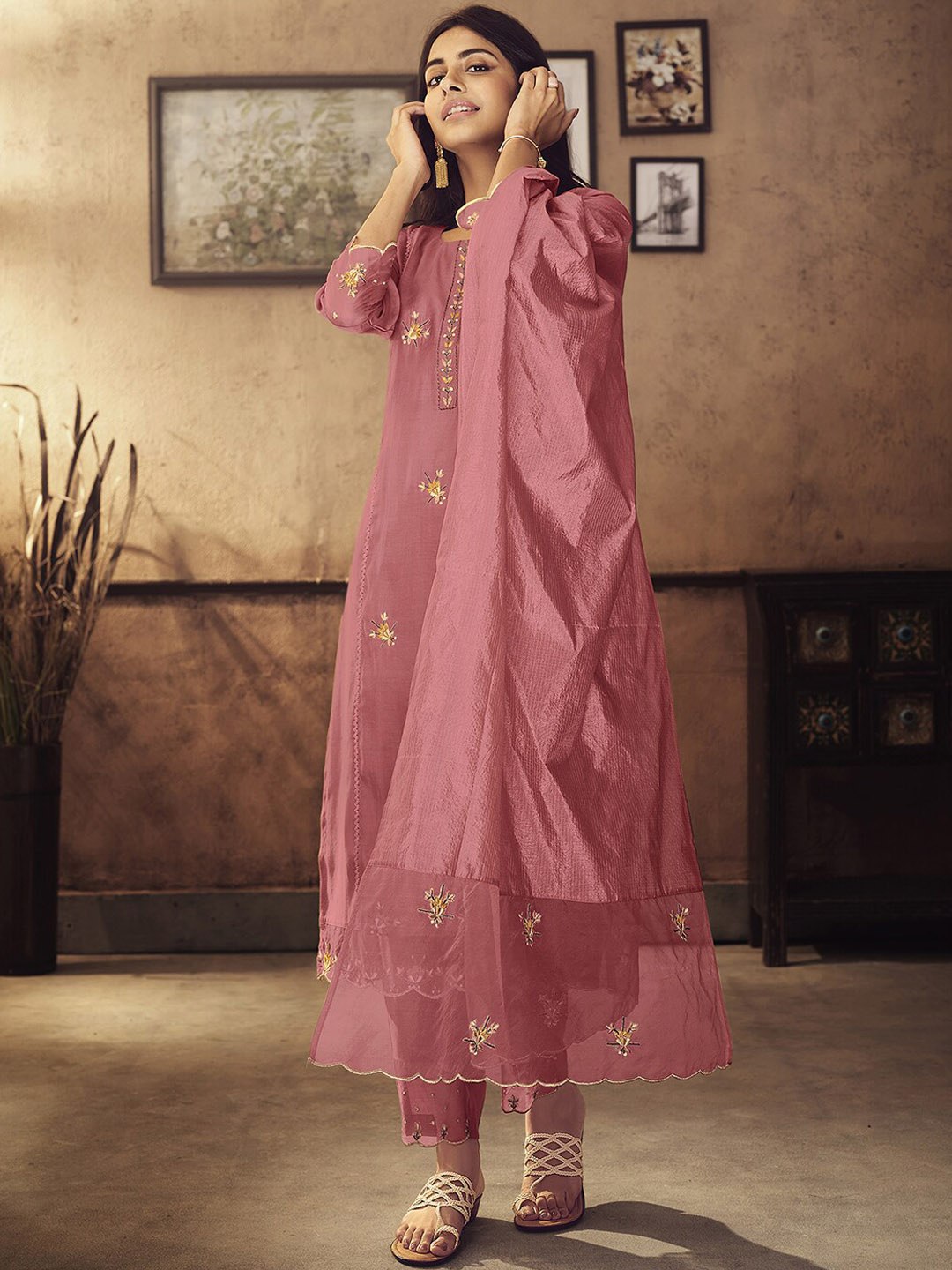 Viscose Rayon Peach Embroidered Kurta With Dupatta Set