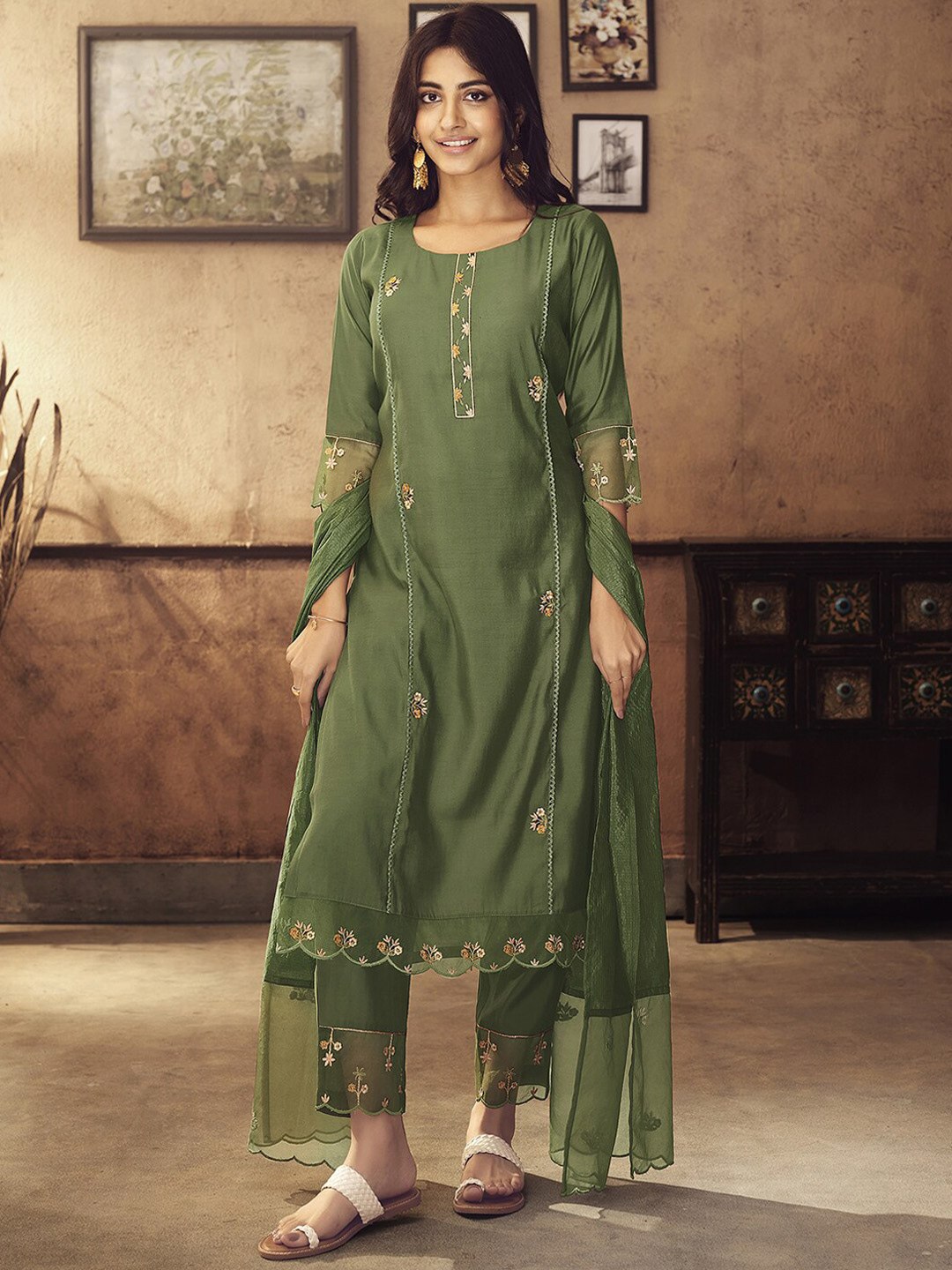 Viscose Rayon Pista Embroidered Kurta With Dupatta Set