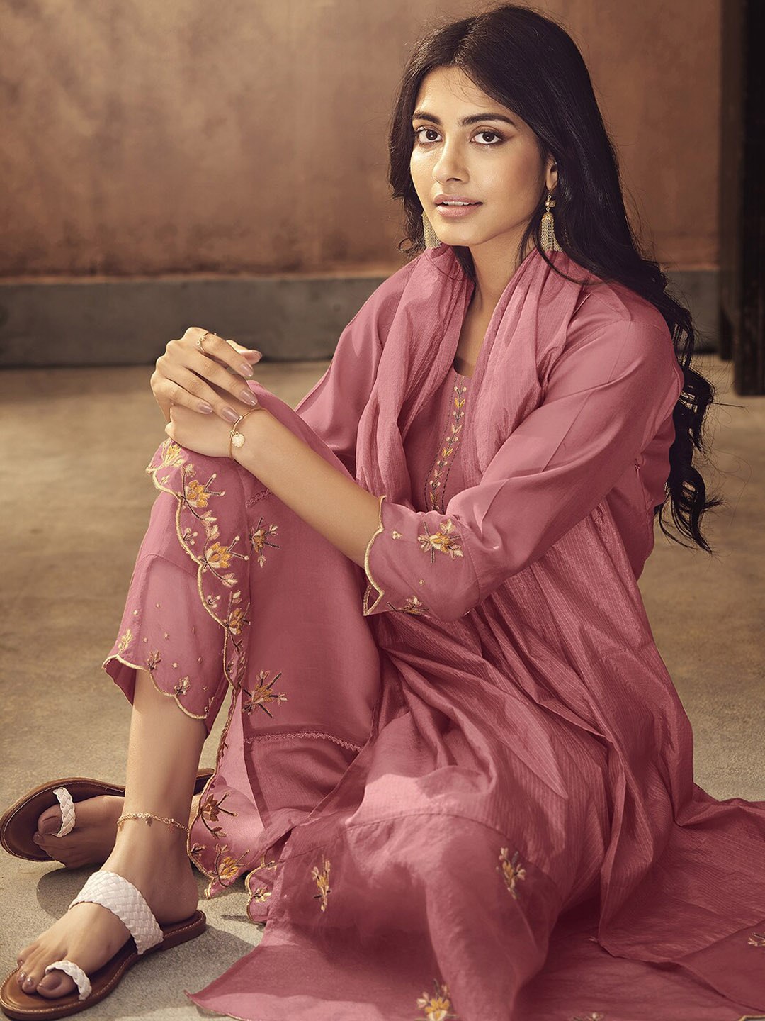 Viscose Rayon Peach Embroidered Kurta With Dupatta Set