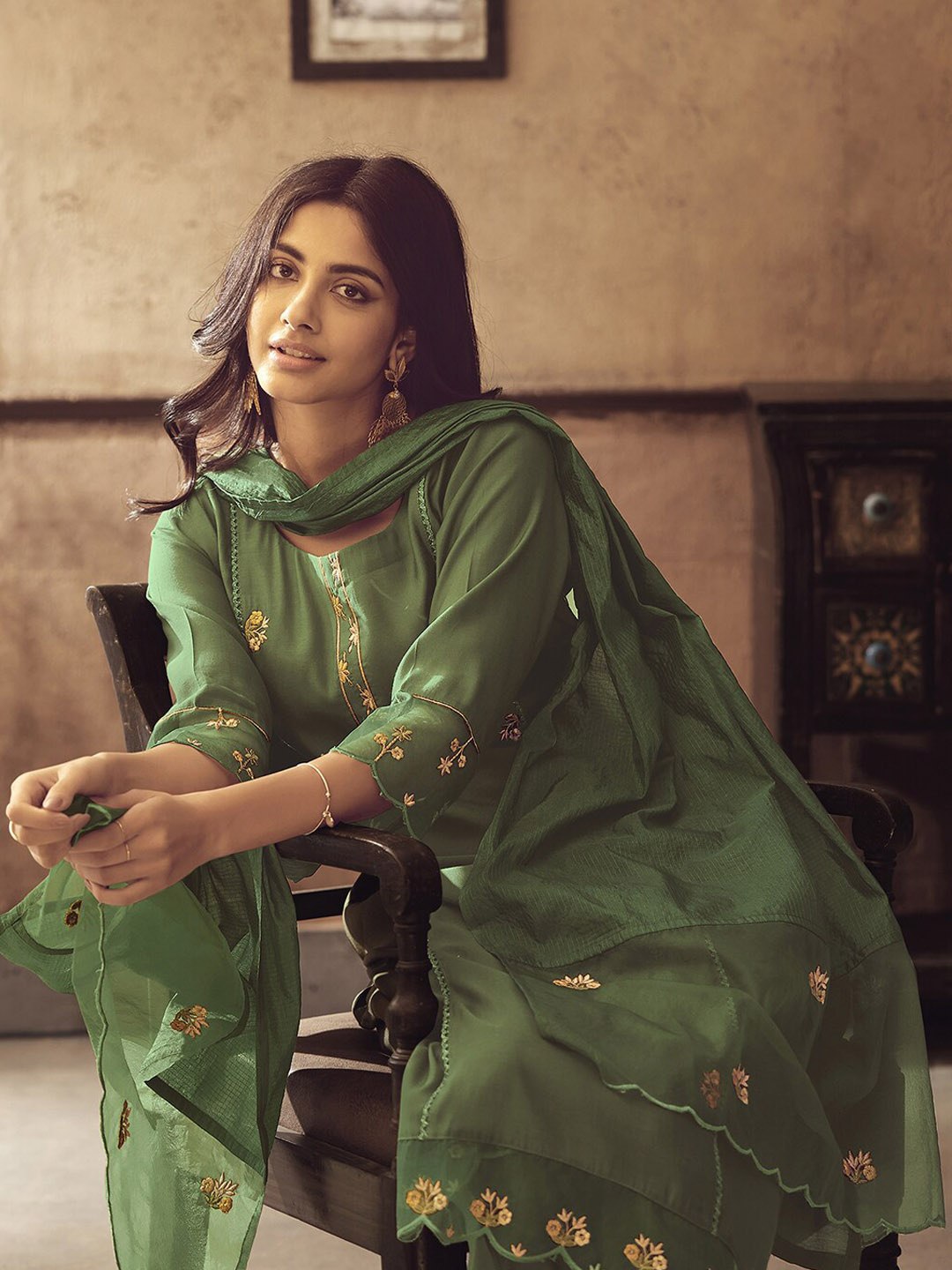 Viscose Rayon Pista Embroidered Kurta With Dupatta Set