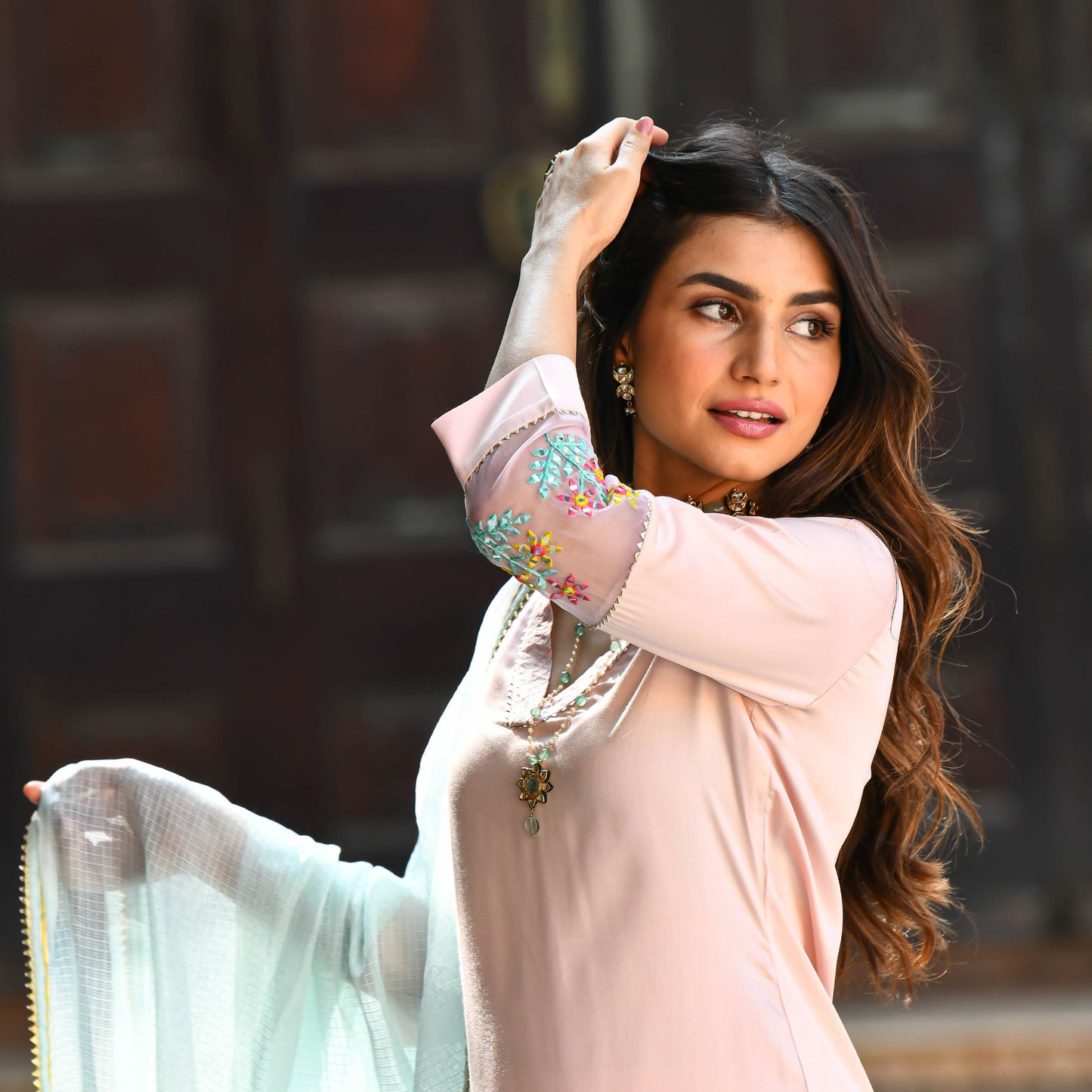 Peach Kurti Set With Organza Dupatta With Pant Pair