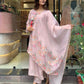 Pink Printed Kurta Set With Organza Dupatta With Pant Pair