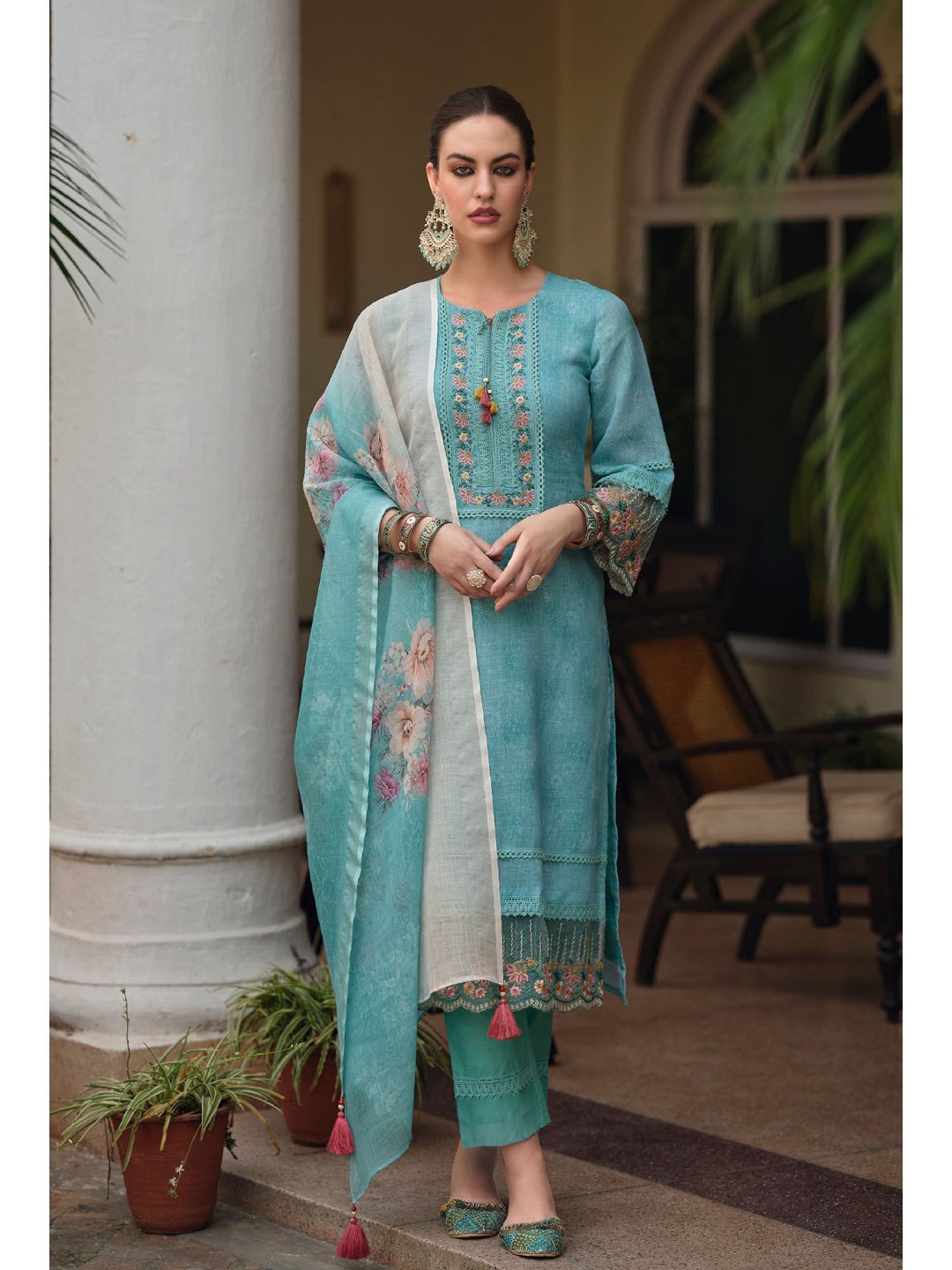 Sky Blue embroidered work cotton kurti linen dupatta set
