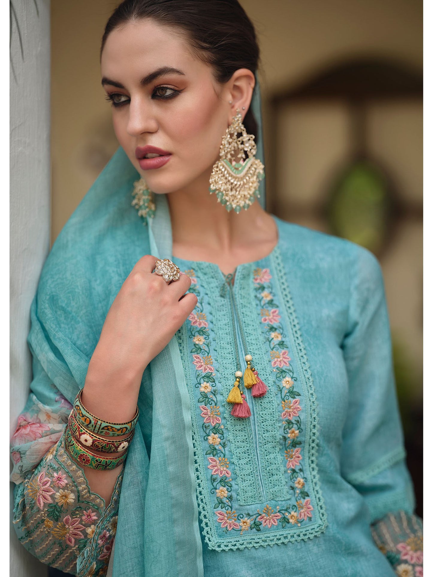 Sky Blue embroidered work cotton kurti linen dupatta set