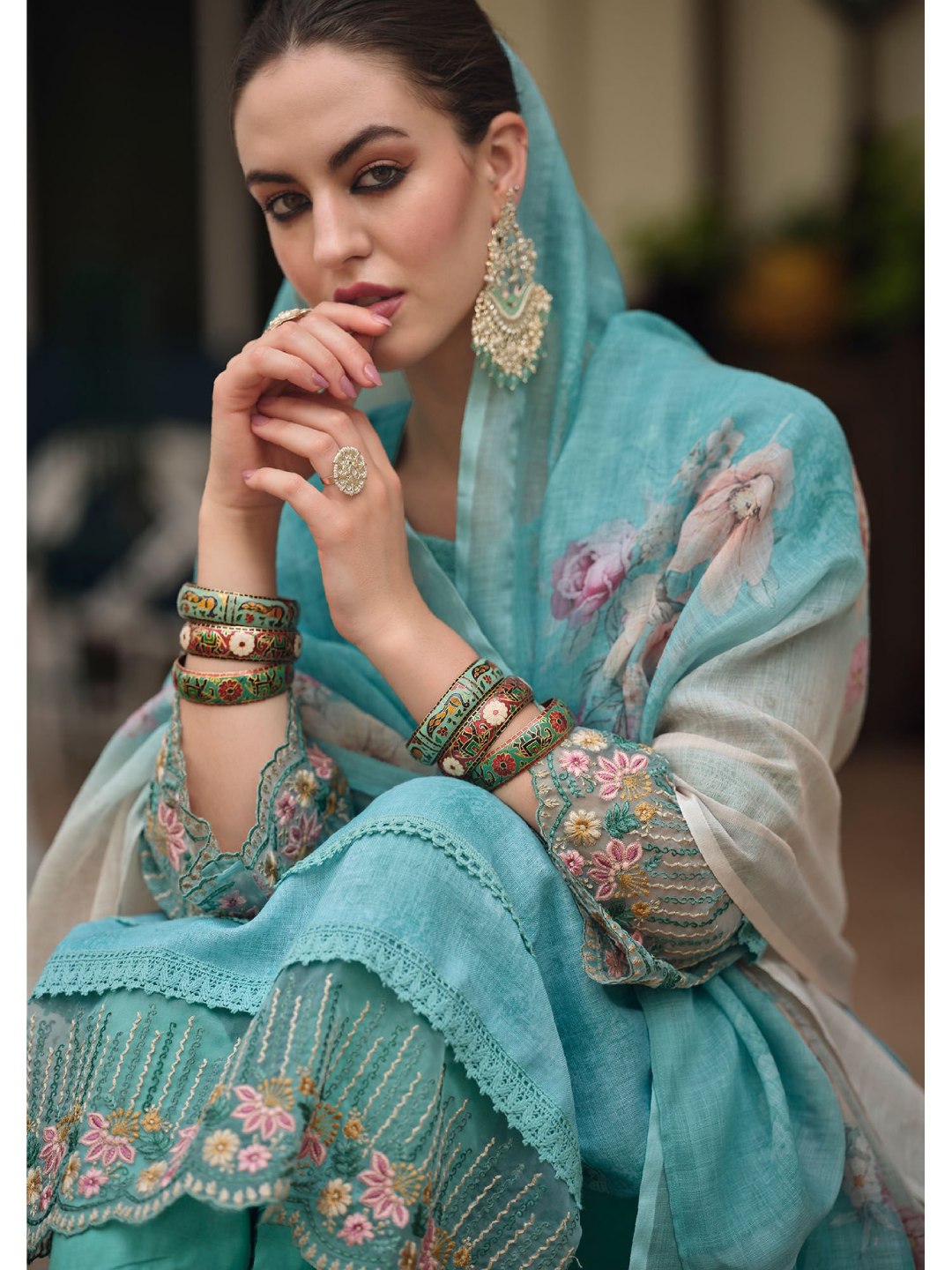 Sky Blue embroidered work cotton kurti linen dupatta set