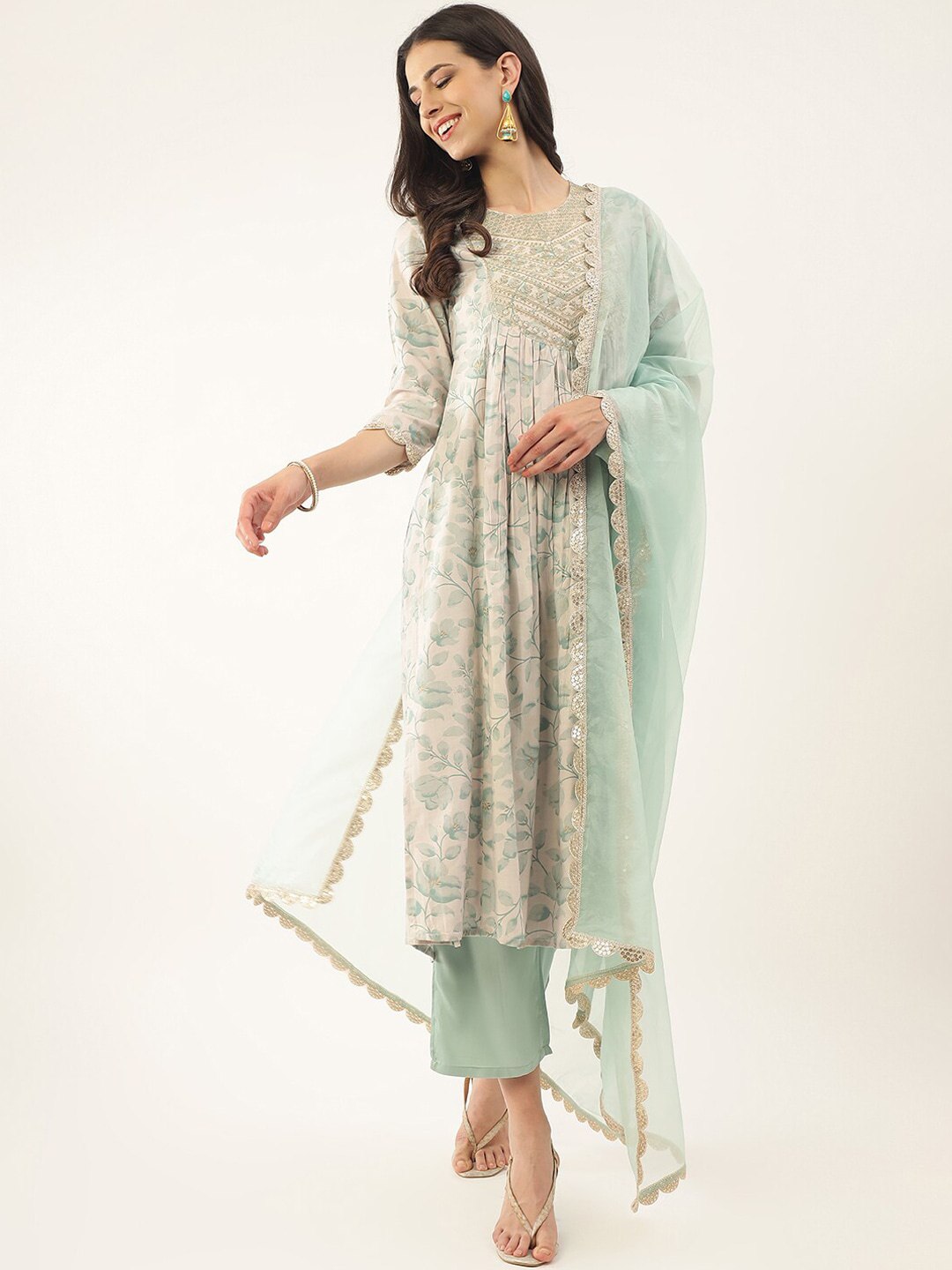 Women  Sequence Embroidered and Printed Cotton Kurta set