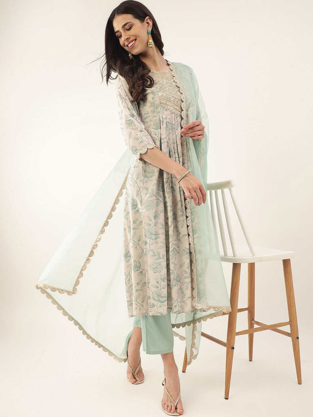 Women  Sequence Embroidered and Printed Cotton Kurta set
