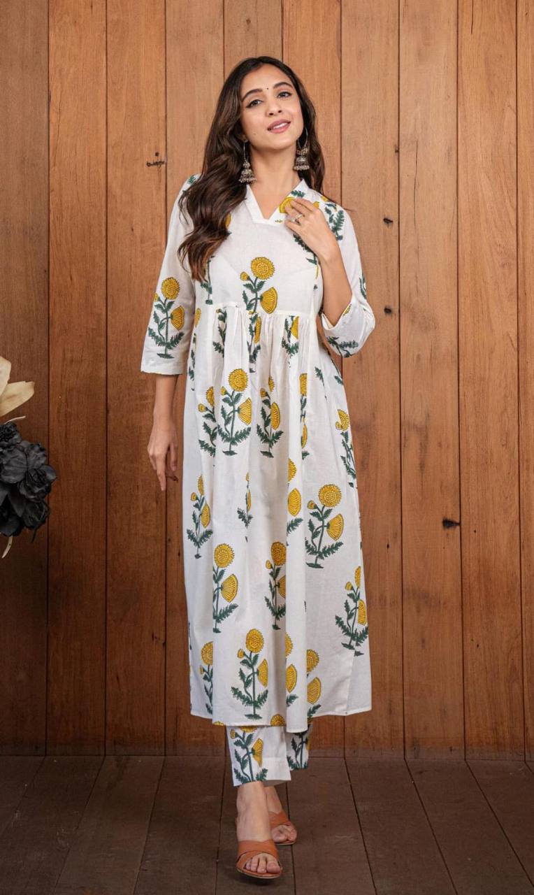 White Block Print cotton Kurta Pant Set