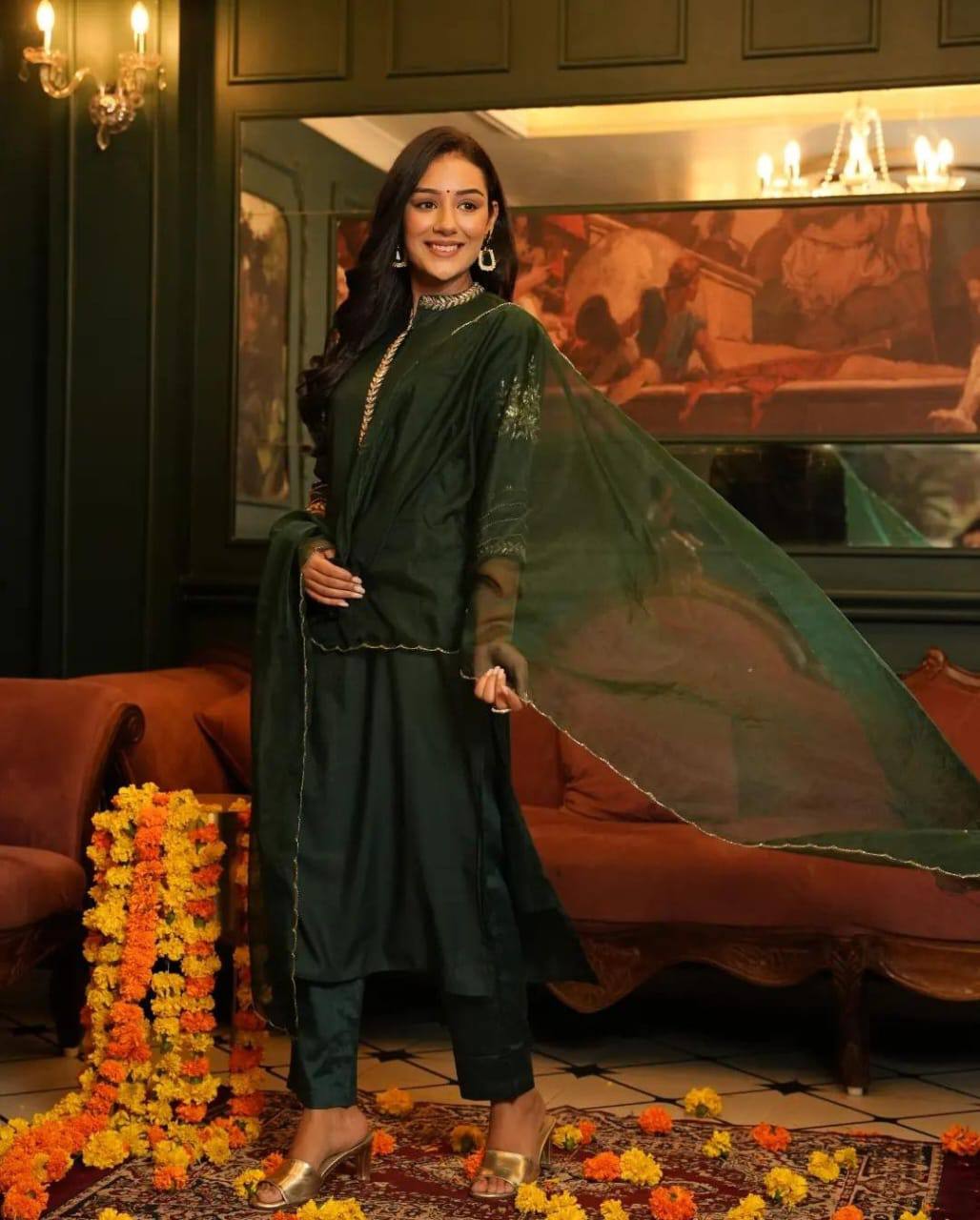 Muslin Gold Zari Embroidered Work Kurta Set With Dupatta