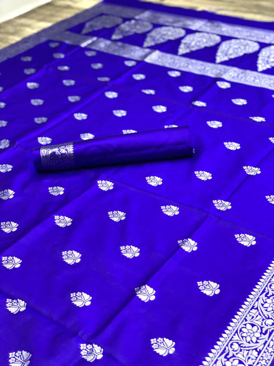 Royal Blue Lichi Silk Banarasi Saree With Silver Weaving
