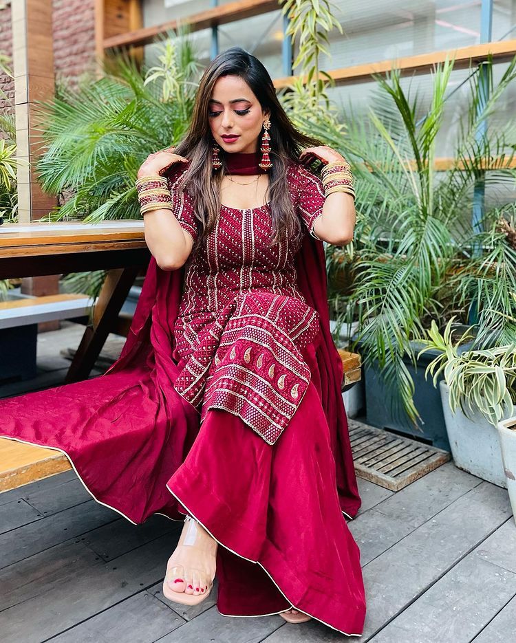 Lakhnavi Red straight embroidery Worked kurta with Plazzo And Dupatta