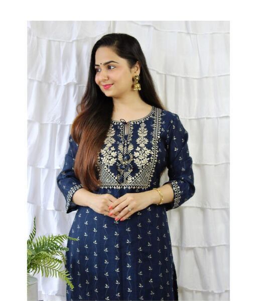 Heavy Blue Reyon Kurti Pent With Gold Print And Embriodry Work