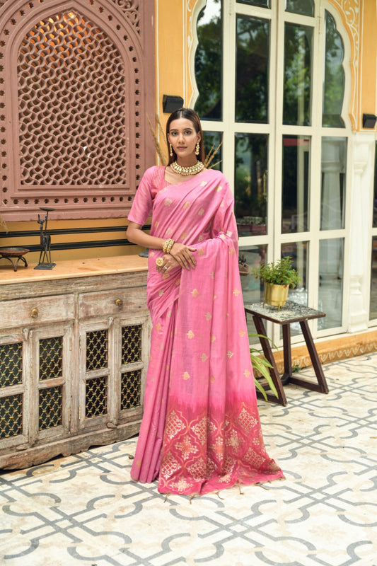 Pink Chanderi Silk Saree With Silver And Copper Zari Weaves