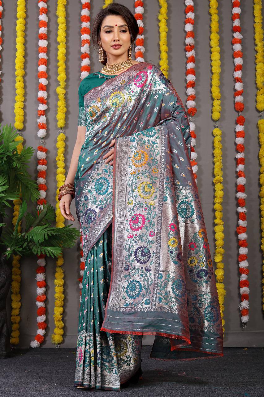 Beautiful Dark Green Saree With Silk With Weaving Silver Zari