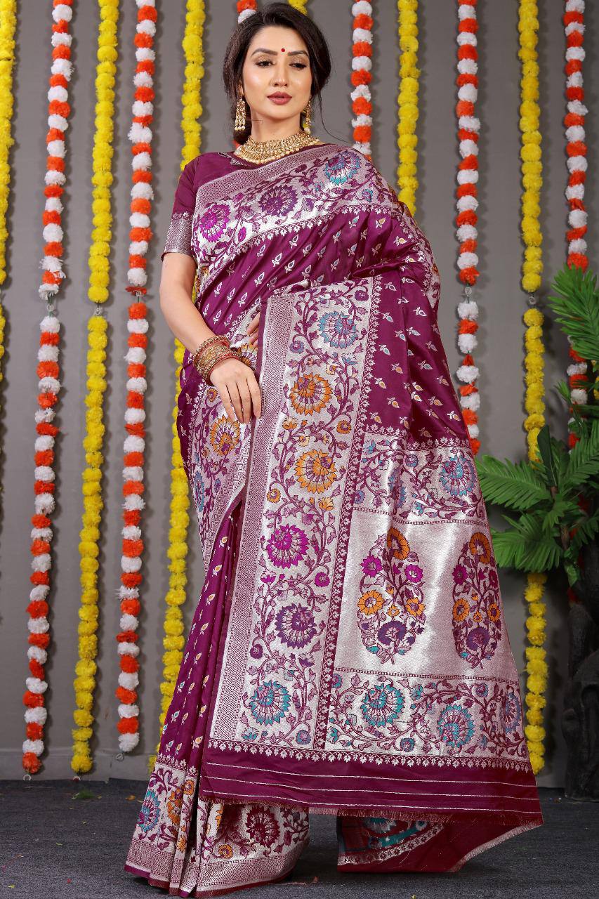 Beautiful Maroon Saree With Silk With Weaving Silver Zari