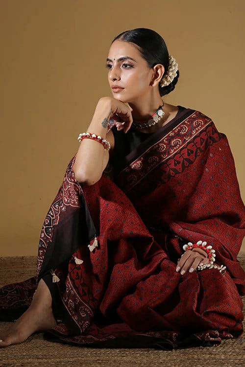 Red Ajarakh Digital Print Muslin Fabric Saree With Rich Glaze .