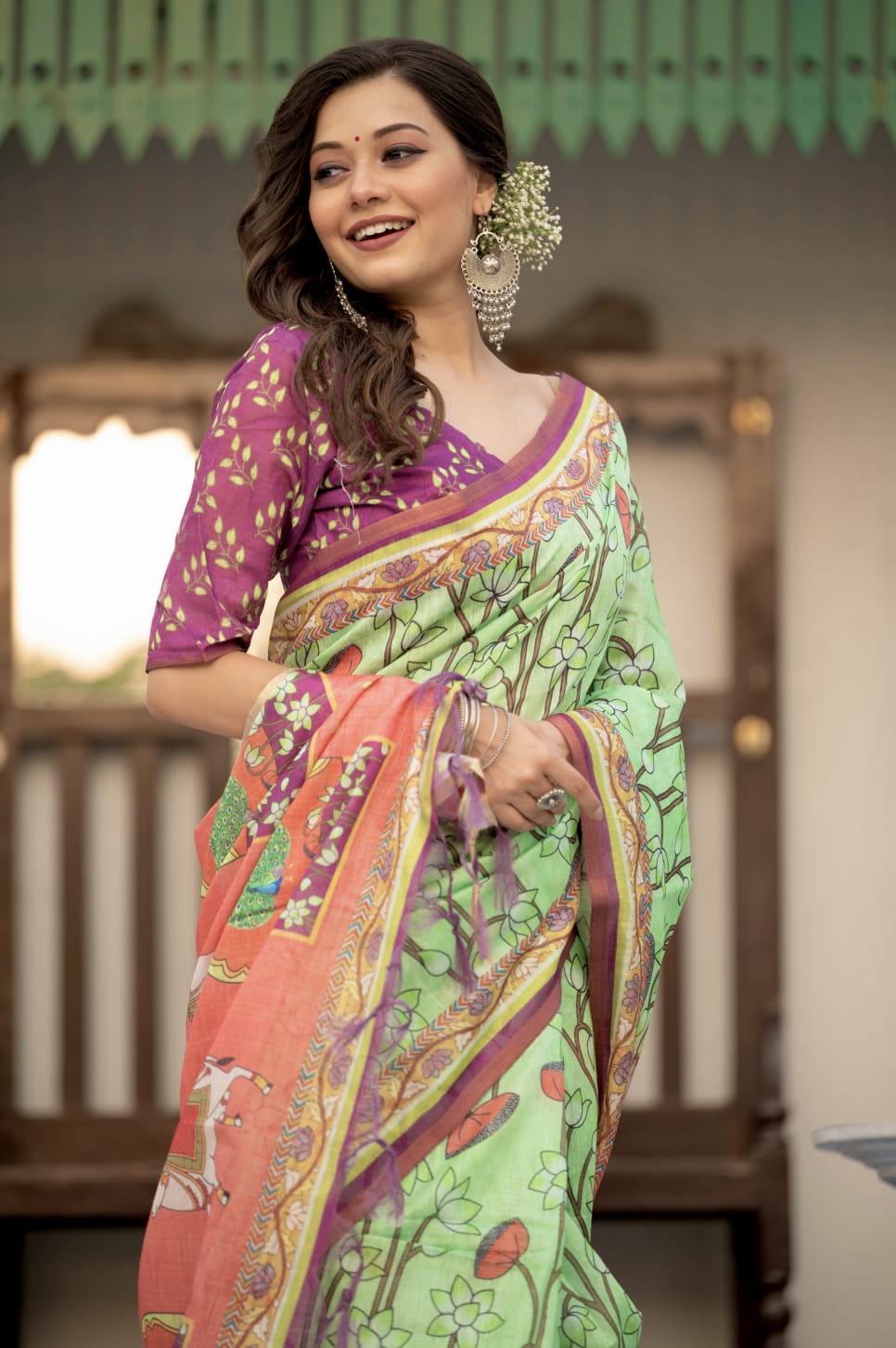Pale Green Linen Cotton Pichwai Print  Saree