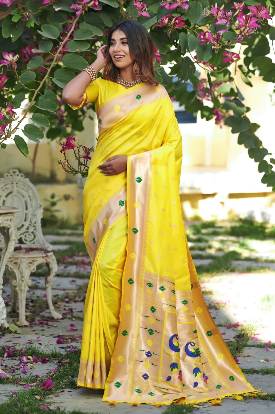 Lemon Banarasi Soft Silk Paithani Saree With Zari Border