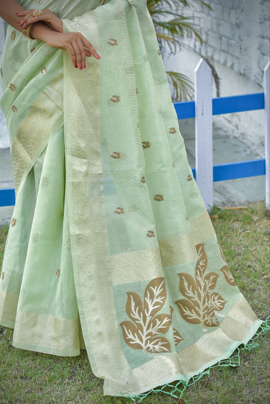 Linen Tissue Saree With Zari Border