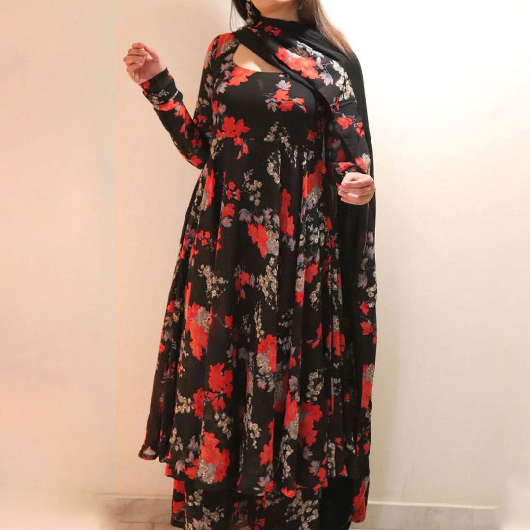 Women Black & Red Floral Printed Set