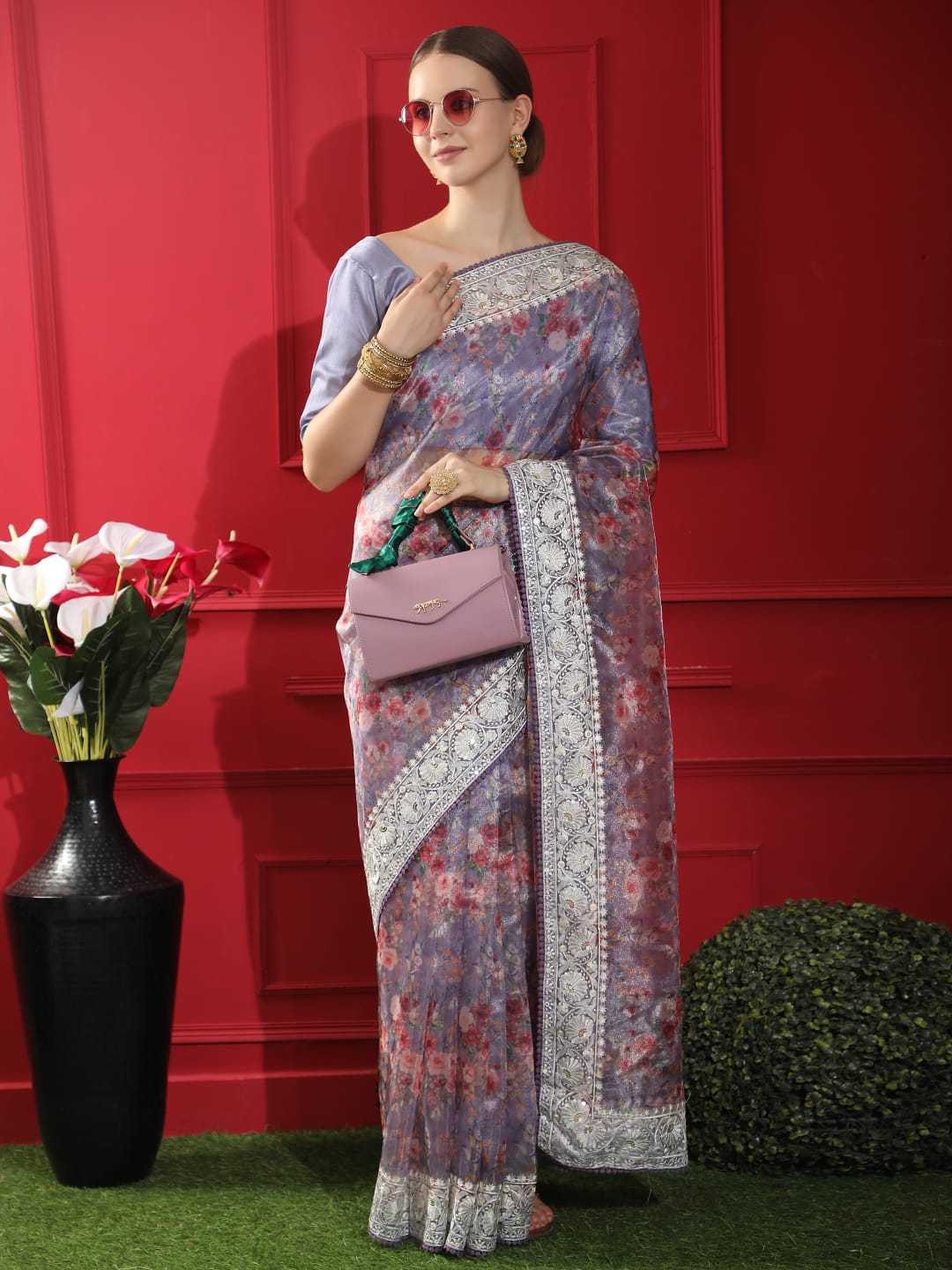 Purple Soft Organza Silk Saree With Fine Sequence Embroidered Border Work