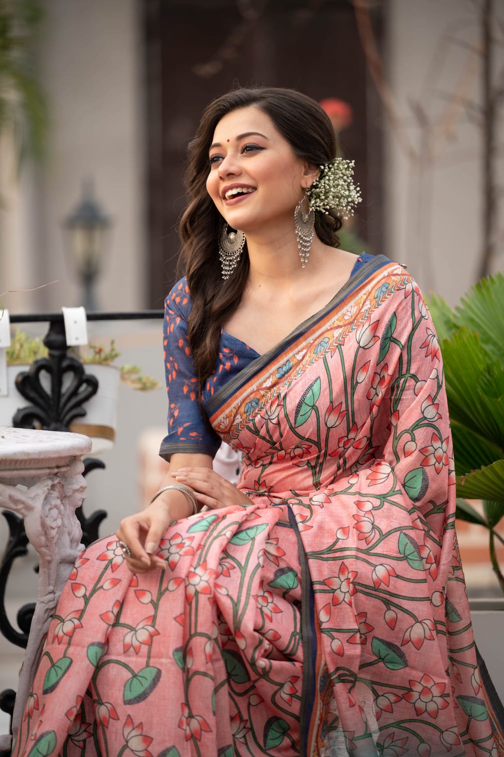 Rose Pink Linen Cotton Pichwai Print  Saree