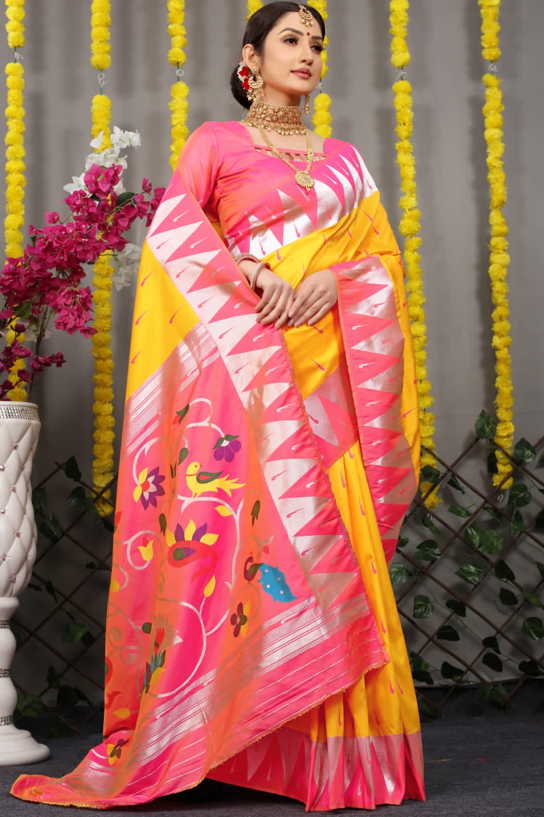 Soft Yellow Silk Paithani Saree With Rich Pallu And Meenakari work