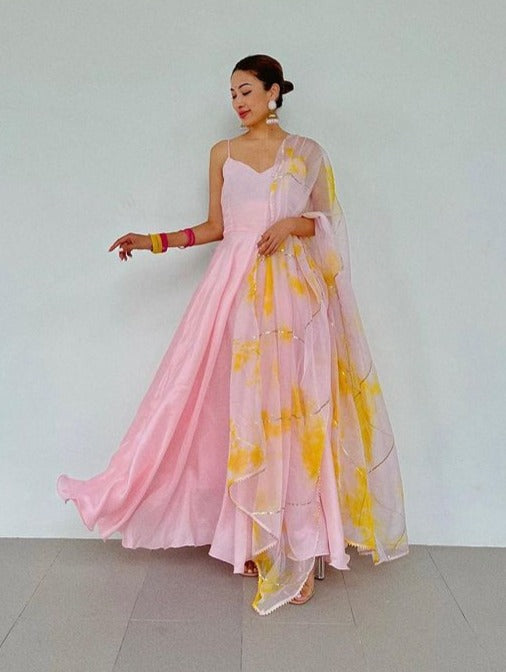 Pink Maska Cotton Silk Anarkali Gown With Shaded Organja Dupatta Full Set With Pent