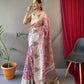 Pink Tusser Sarees With Kalamkari Prints All Over With Woven Temple Border