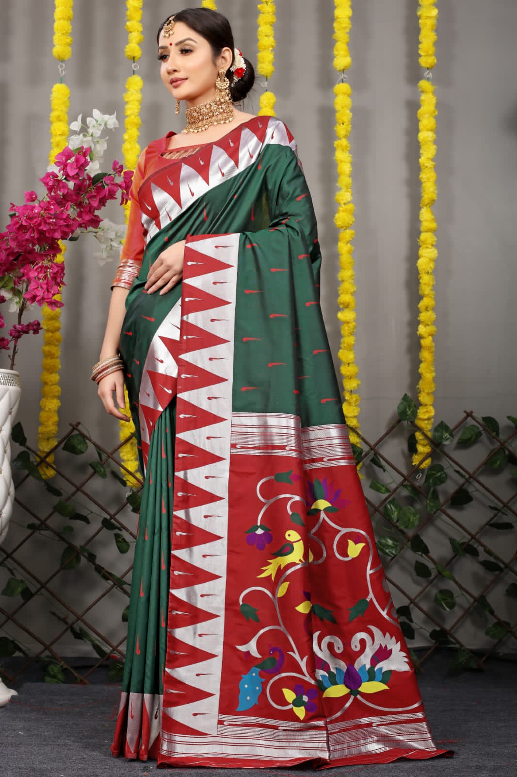 Soft Dark Green Silk Paithani Saree With Rich Pallu And Meenakari work