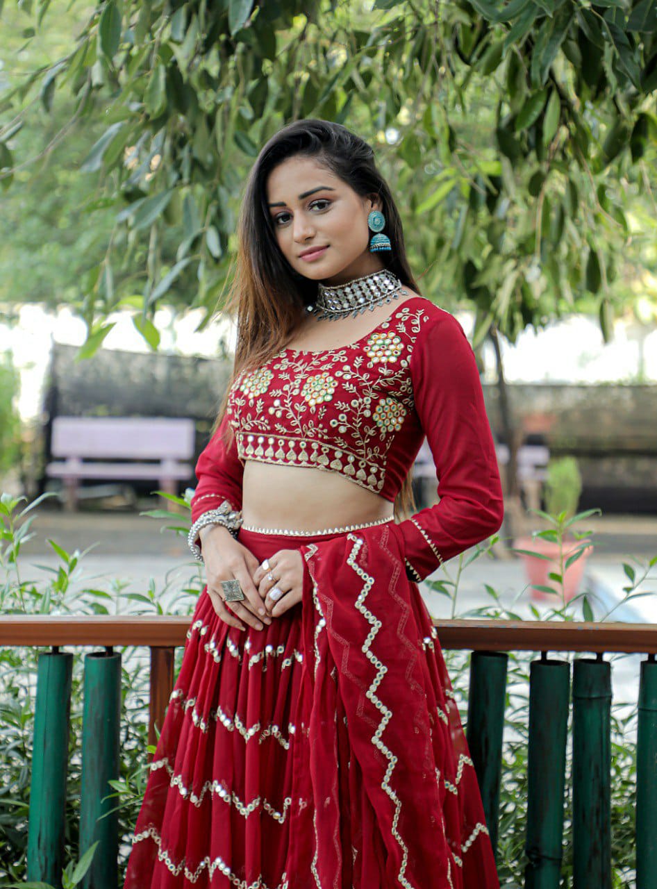Maroon Embroidered Faux Georgette Party Wear Lehenga Choli