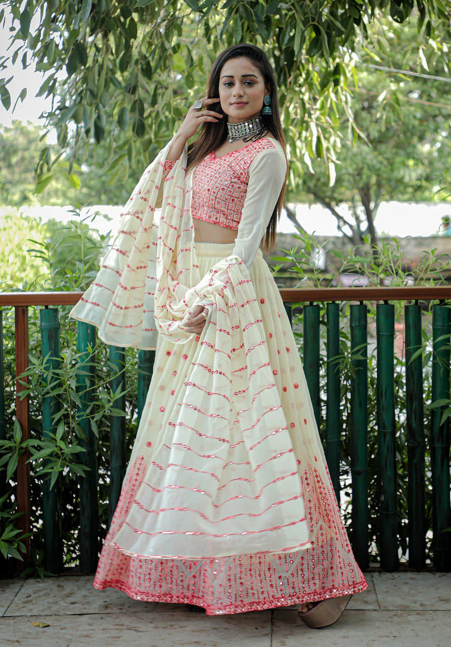 Cream Embroidered Faux Georgette Party Wear Lehenga Choli