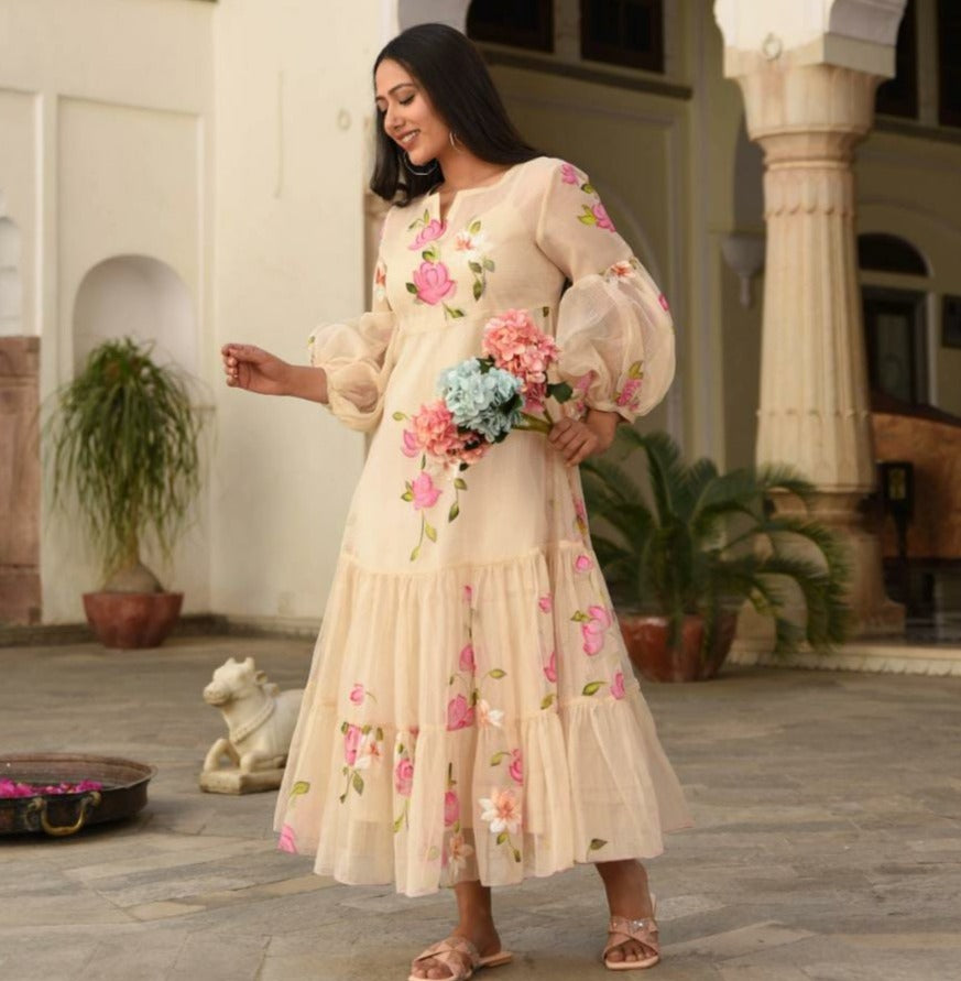 Premium Kota Doria Gown With Print