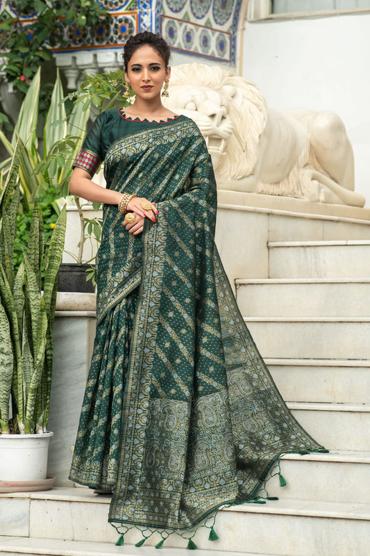Green Pure Tussar Silk Jamdani Weaving Saree With Zari Woven Border